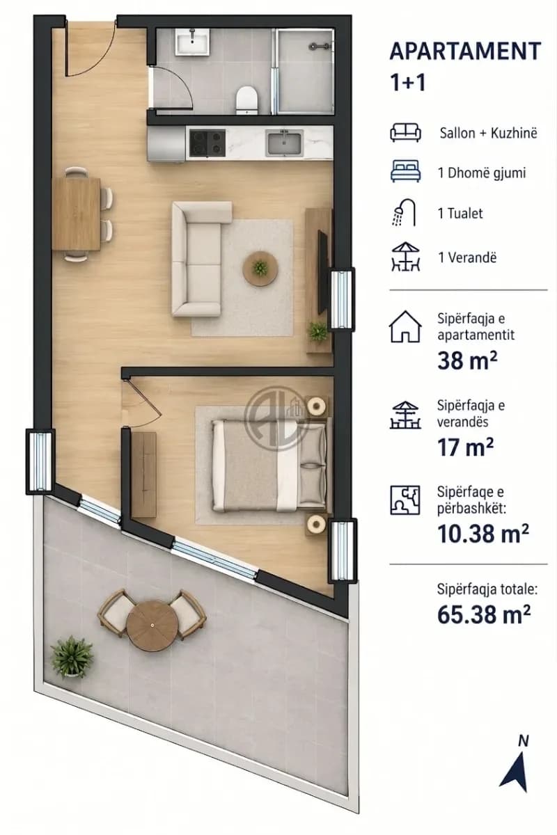 Apartament 1+1 tek Shkembi i Kavajës, 59,000€