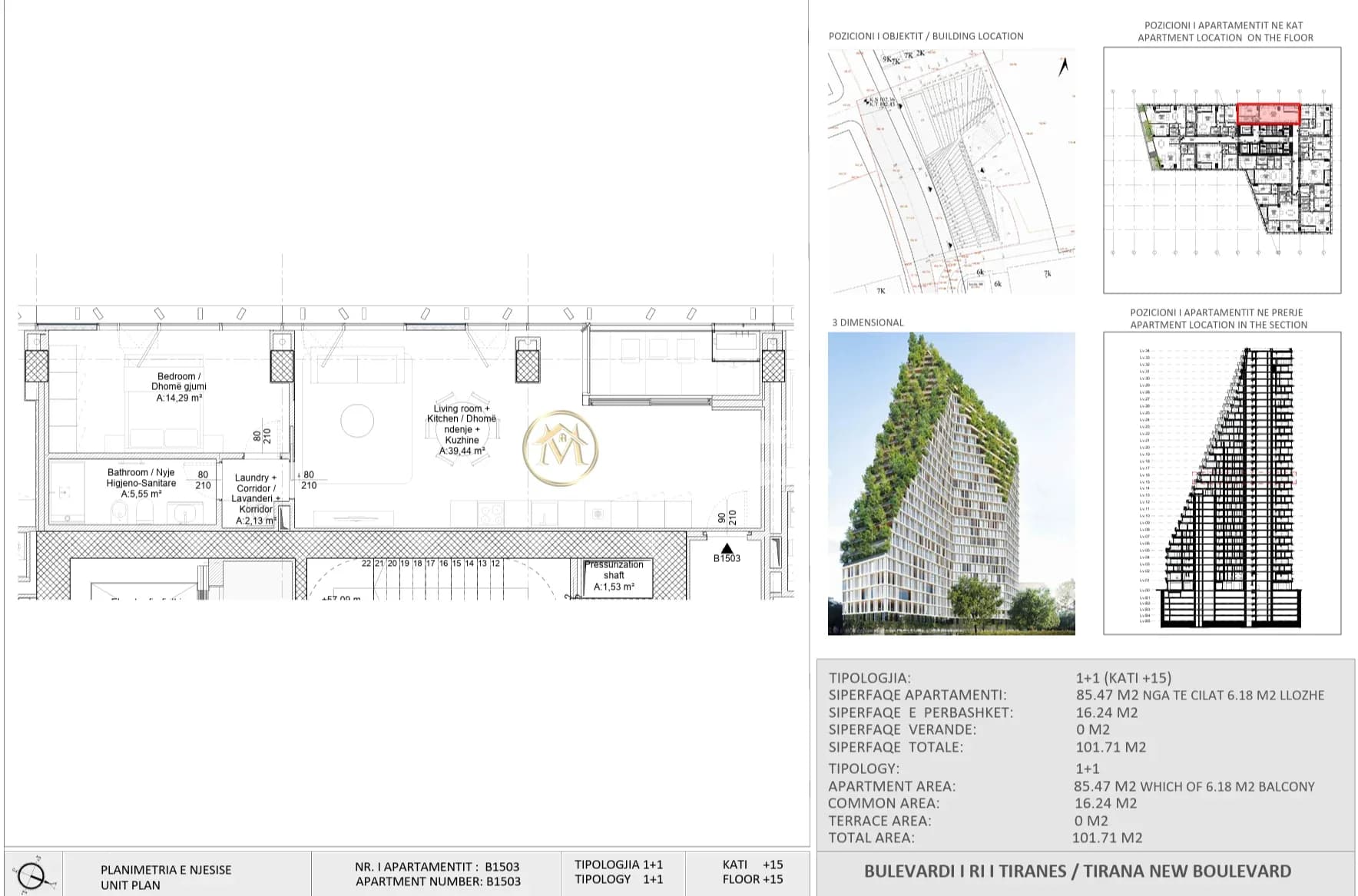 Shitje | Apartament 1 + 1 | New Boulevard Tower | 240000 € 2