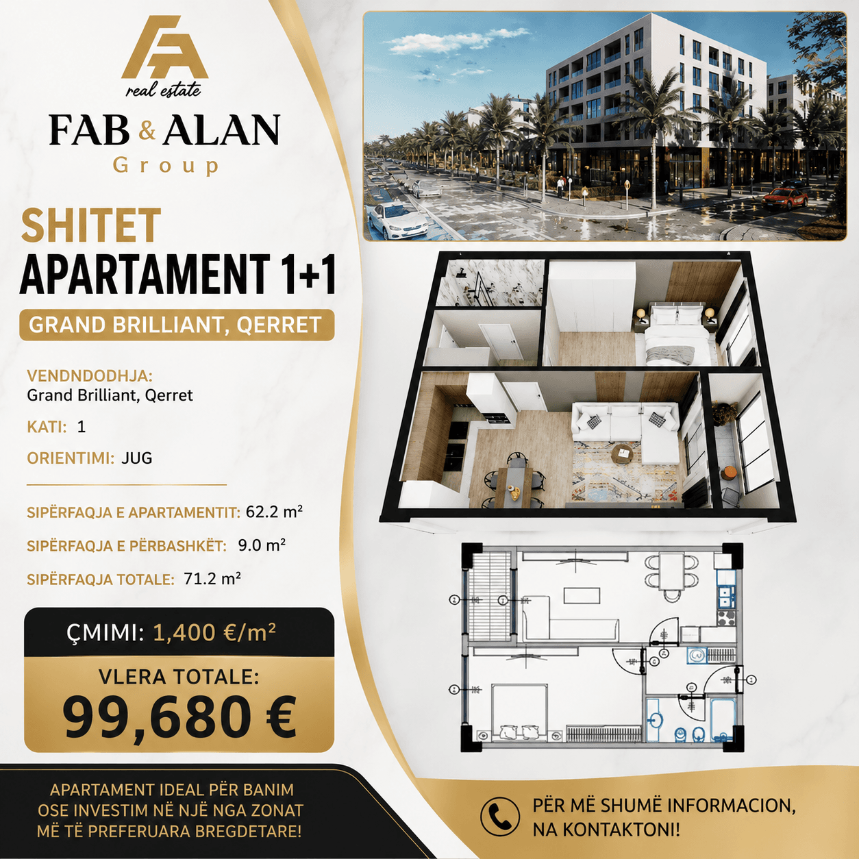 Apartament 1+1 Për Shitje në Qerret, Kavajë - 99,680€ | 71 m²