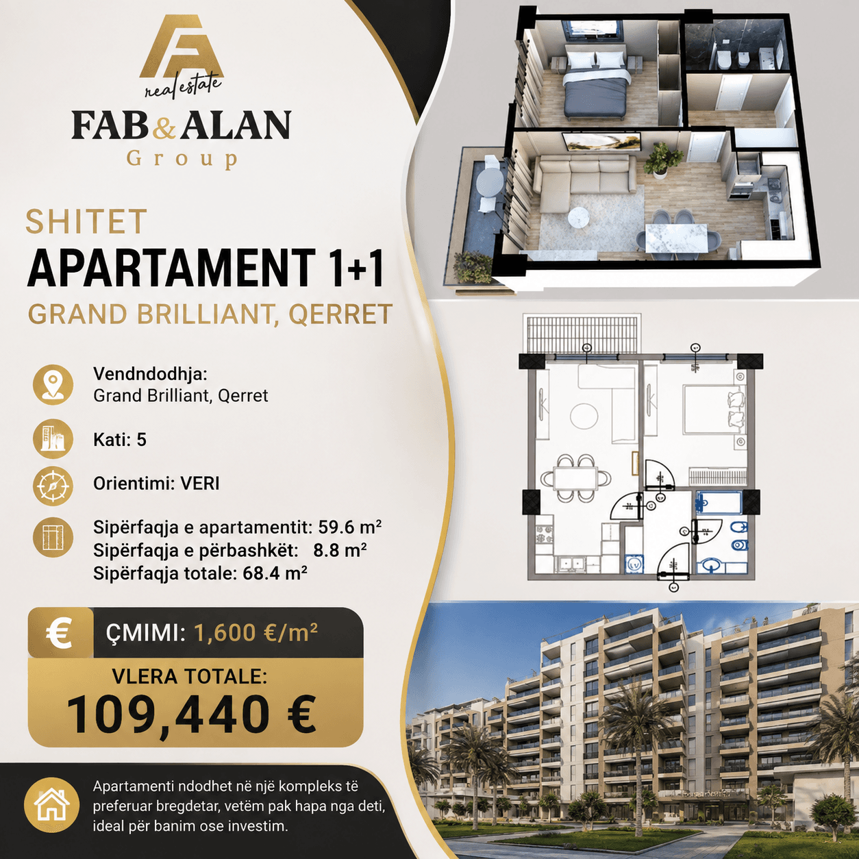 Apartament 1+1 Për Shitje në Qerret, Kavajë - 109,440€ | 68 m²