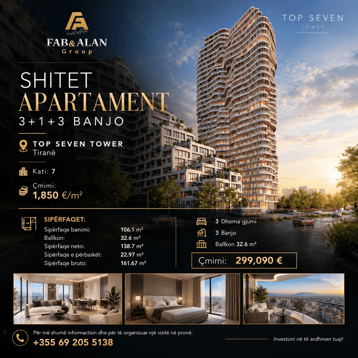 🏙️ SHITET APARTAMENT 3+1+3 BANJO – TOP SEVEN TOWER
