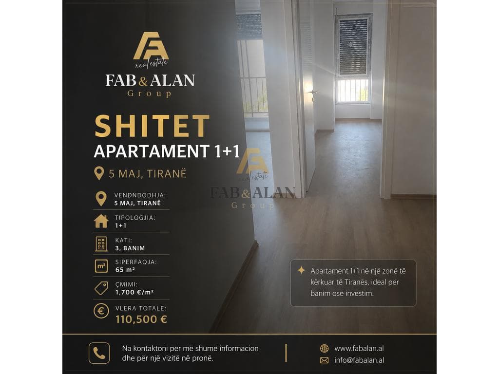 🏡 SHITET APARTAMENT 1+1 – 5 MAJ, TIRANË