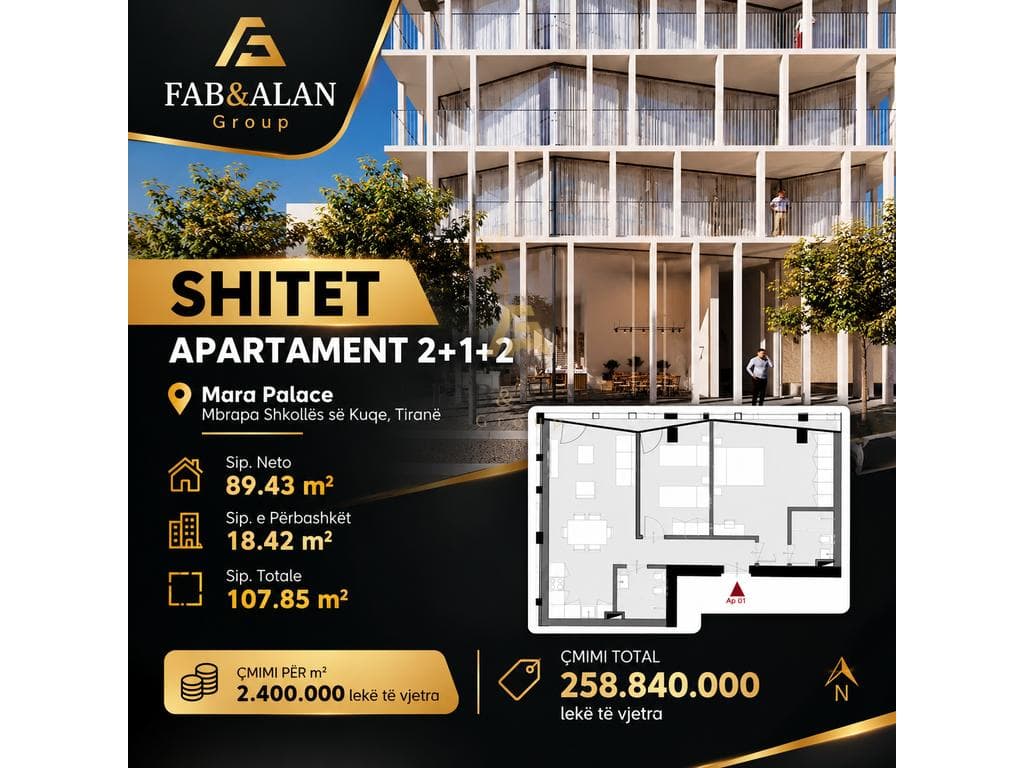 🏡 SHITET APARTAMENT 2+1+2 – MARA PALACE, TIRANË