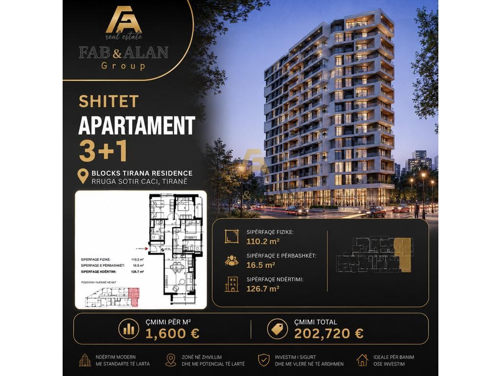🏡 SHITET APARTAMENT 3+1 – BLOCKS TIRANA RESIDENCE 2