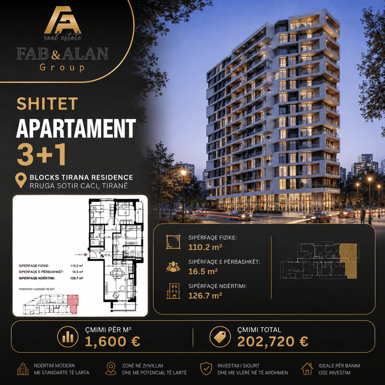 🏡 SHITET APARTAMENT 3+1 – BLOCKS TIRANA RESIDENCE 2