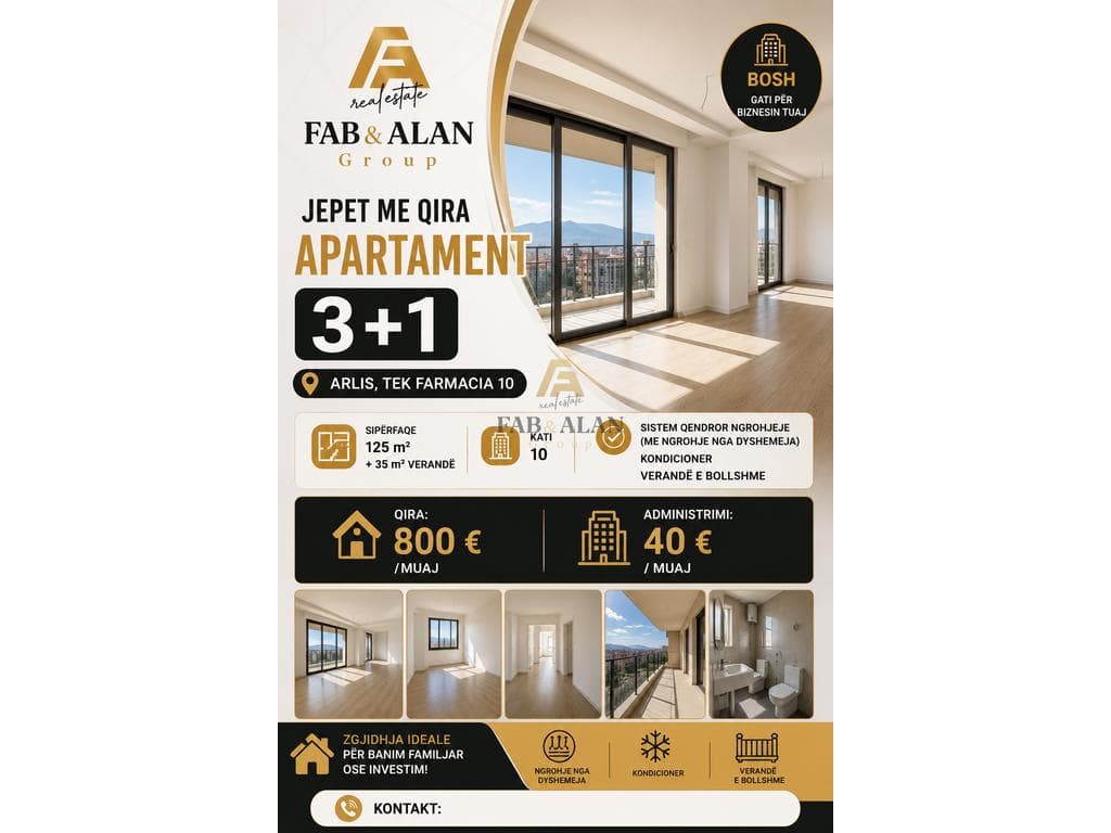 Apartament 3+2 Me Qira ke Arlis Residence ke Spitali QSUT (Nënë Tereza), Tirana - 800€ | 125 m²