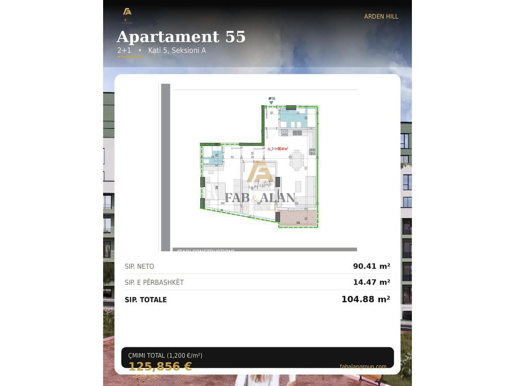 Apartament 2+1+2 Për Shitje ke Arden Hill në Paskuqan, Tiranë - 125856€ | 104 m² 2