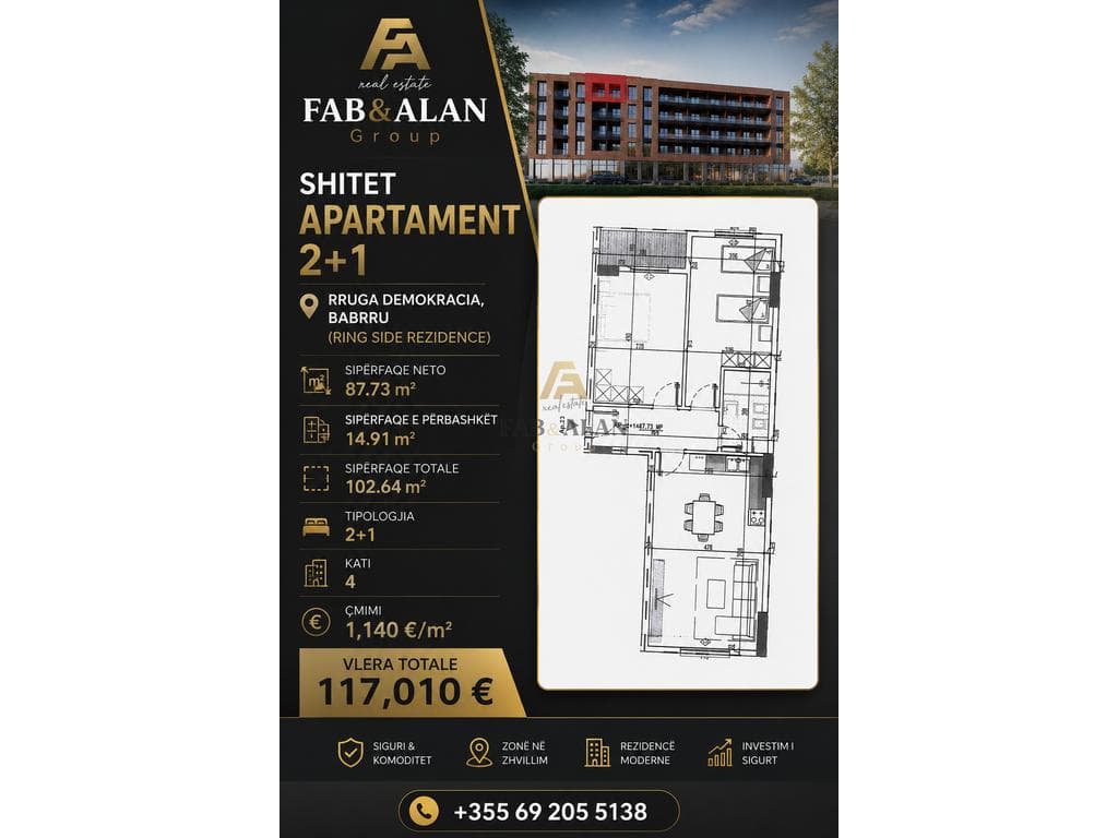 Apartament 2+1 Për Shitje ke (Ring Side Residence) në Babrru, Tiranë - 117,010€ | 102 m²