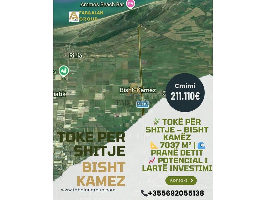 Shitet 7037 m² Tokë Investimi në Bisht-Kamëz, Afër Bregdetit të Durrësit Çmimi: 211,110€