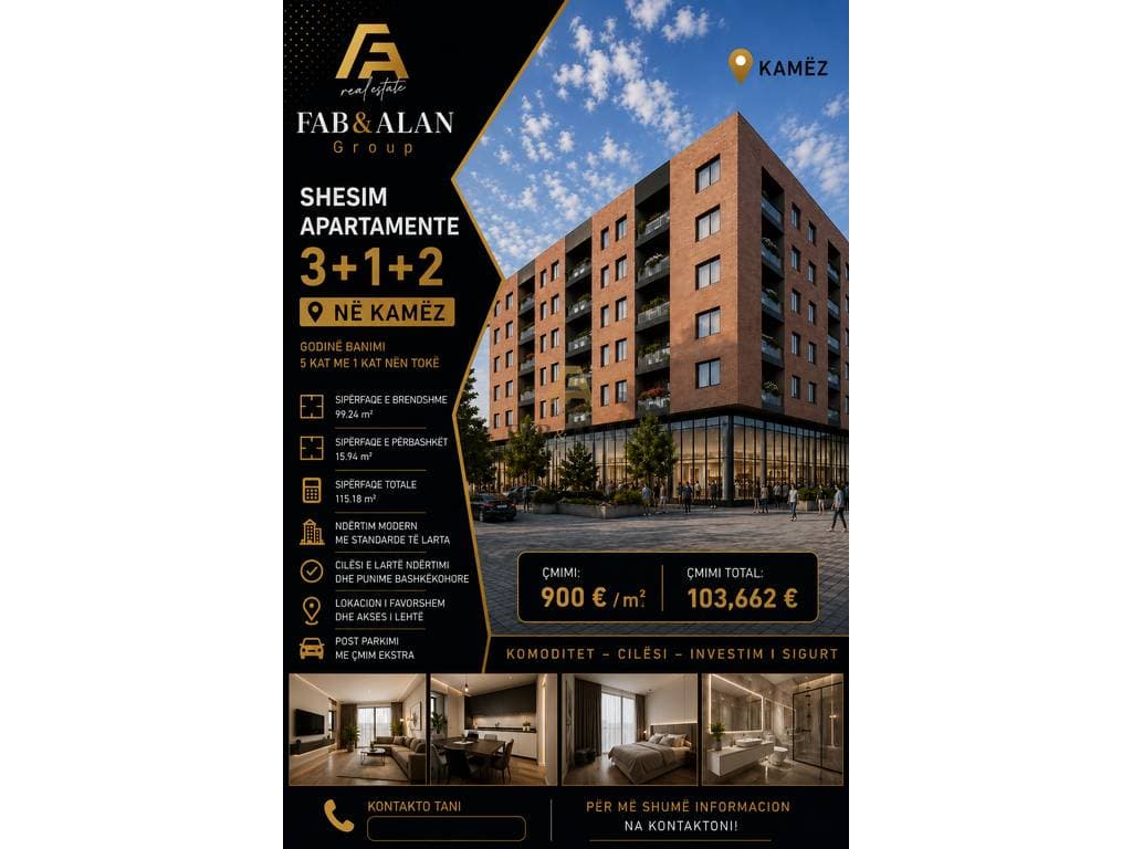 Apartament 3+2 Për Shitje në Instituti Bujqesor, Kamëz - 103662€ | 116 m²