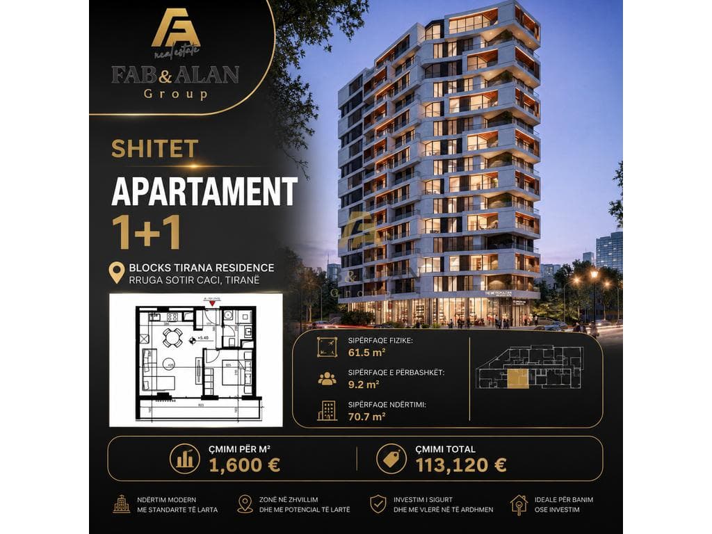 🏡 SHITET APARTAMENT 1+1 – BLOCKS TIRANA RESIDENCE