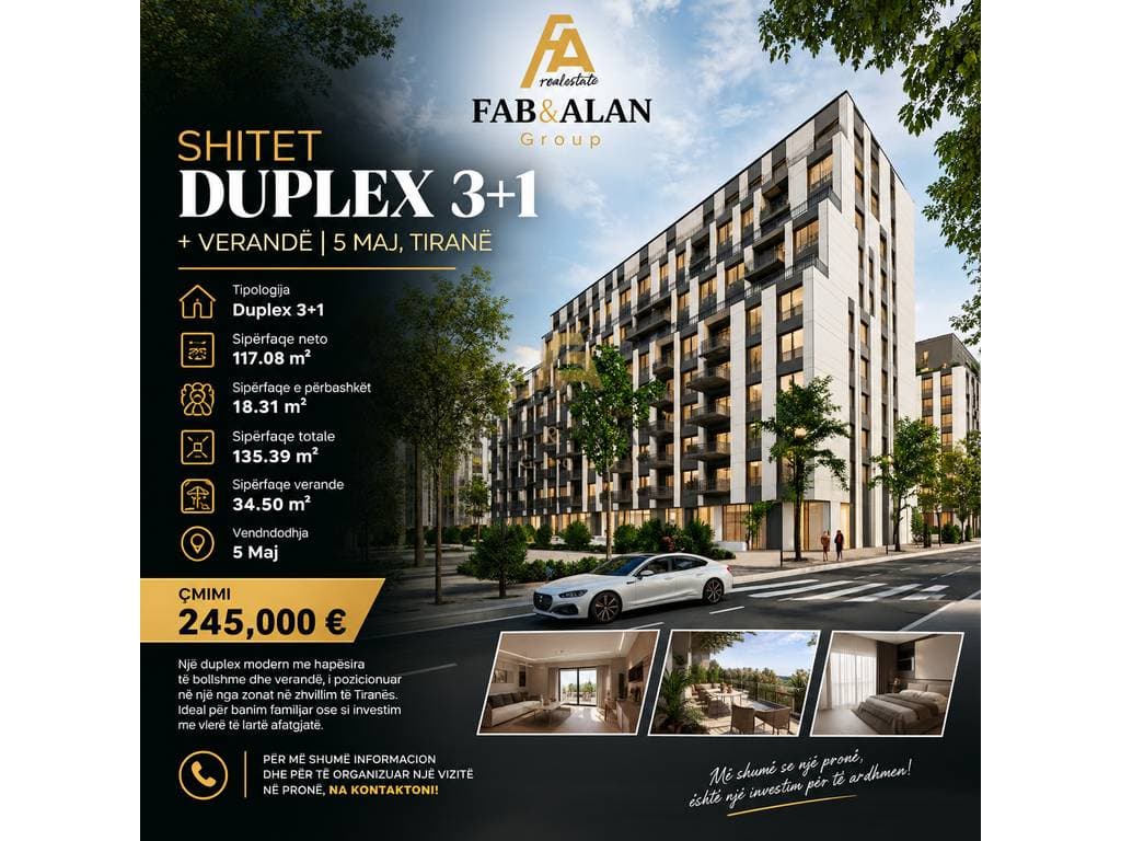 🏡 SHITET DUPLEX 3+1 + VERANDË – 5 MAJ, TIRANË