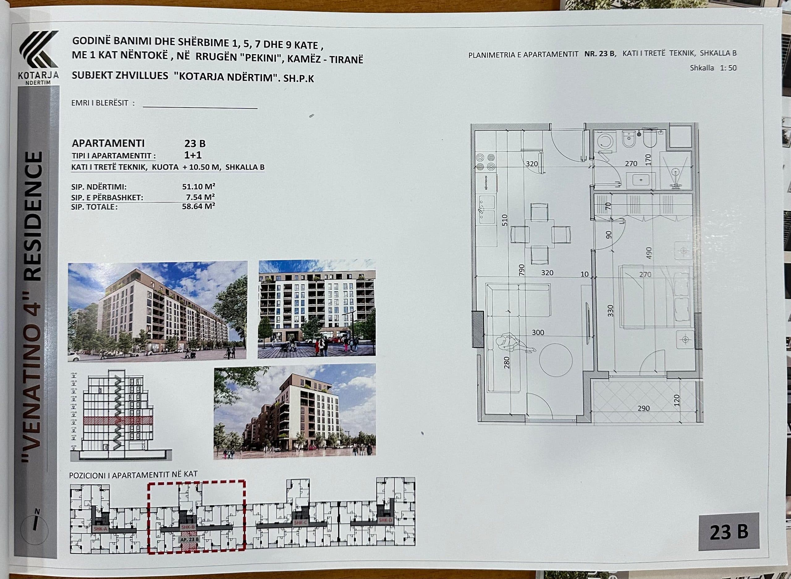 Shitet apartament 1+1 ne Qendër Kamëz (Venatino 4 Residence)