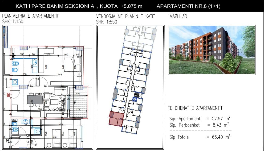 Apartament 1+1 Për Shitje në Paskuqan, Tiranë – 66,400€ | 66.40 m² 2