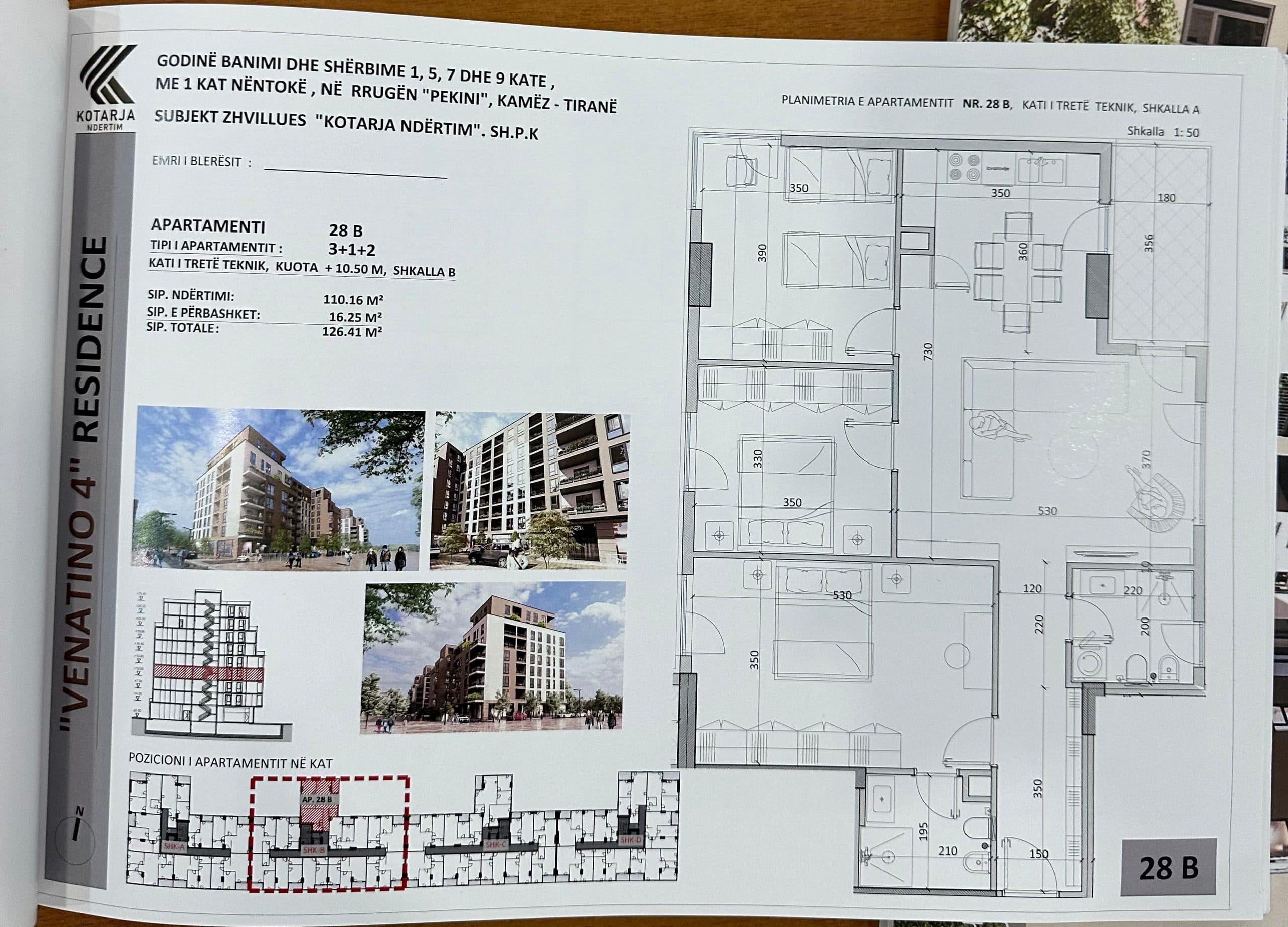 Shitet apartament 3+1+2 ne Qendër Kamëz (Venatino 4 Residence)