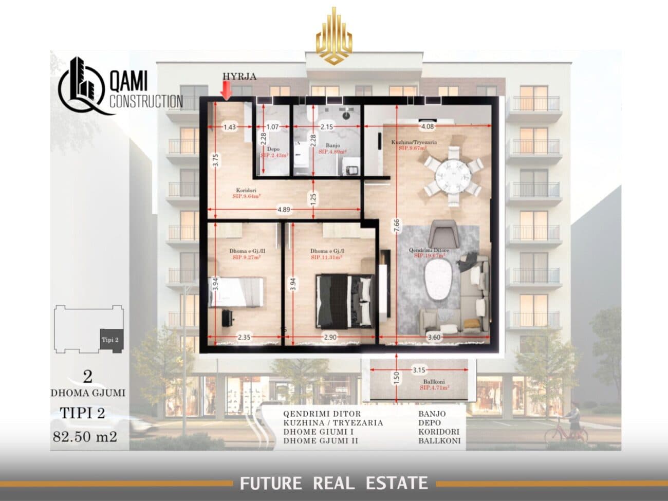 Banesë në SHITJE – 2 dhoma gjumi – Fushë Kosovë – kompleksi Rina Residence ndërtues Qami Construction
