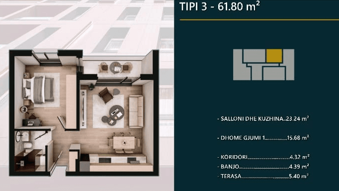 Banesë në SHITJE – 61.80 m² | Hill