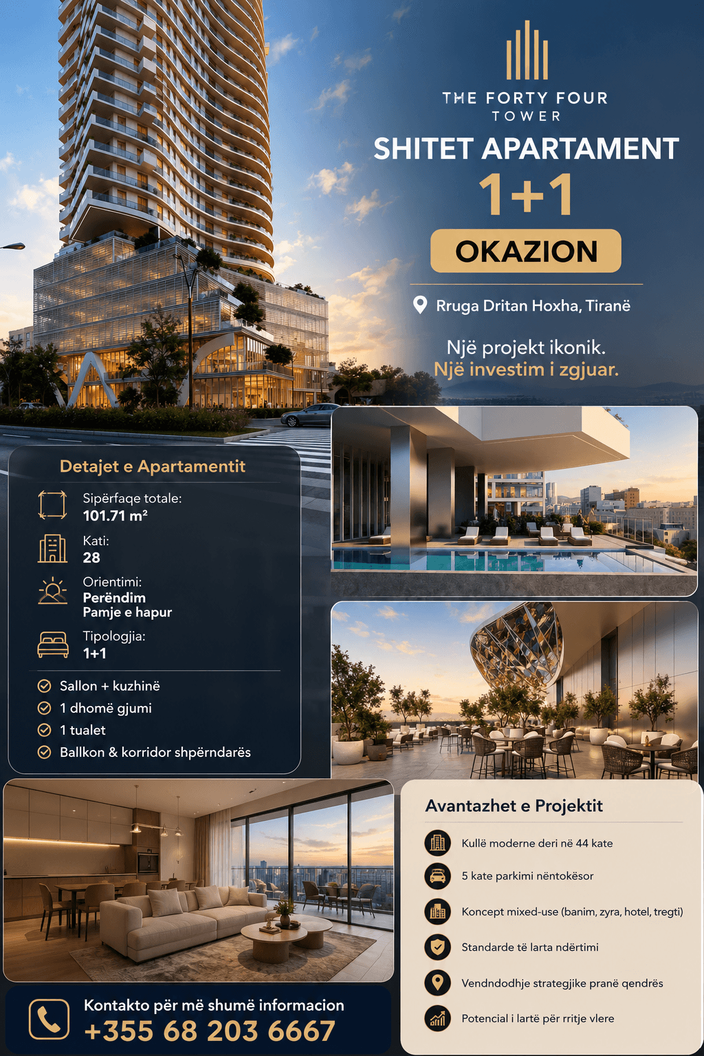 🏢 Shitet Apartament 1+1 në The Forty Four Tower – Orientim Perëndim, Pamje e Hapur, ne Tirane