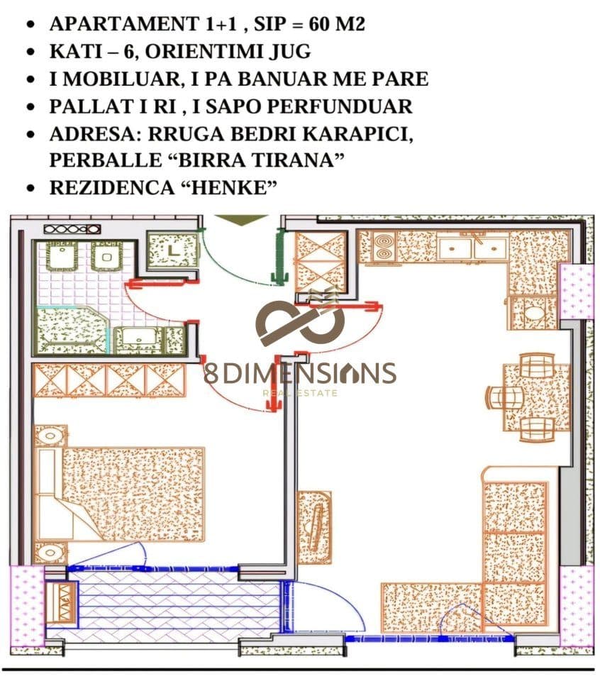 Jepet me qera apartament 1+1+ballkon tek Rezidenca Henke, perball Birra Tirana
D8241A-49 4