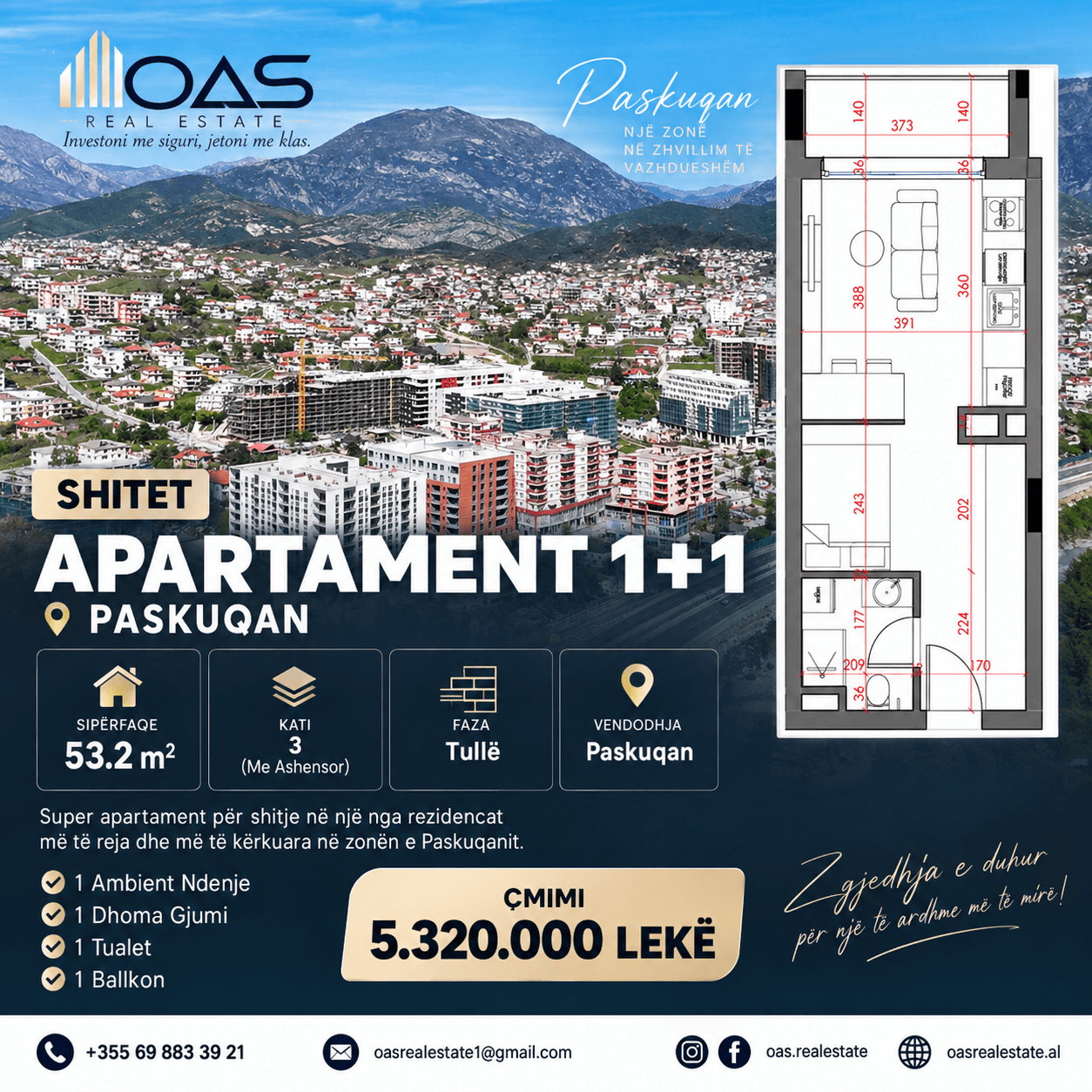 Shitet Apartament 1+1 Paskuqan 1