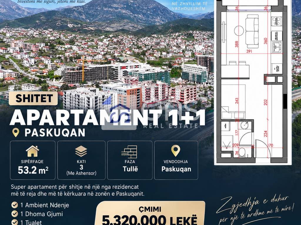 Shitet Apartament 1+1 Paskuqan 1