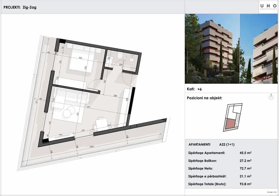 93.8 m² Apartament me 1 Dhomë për Shitje në Sarandë | ZIG ZAG Residence-Apt 22 2