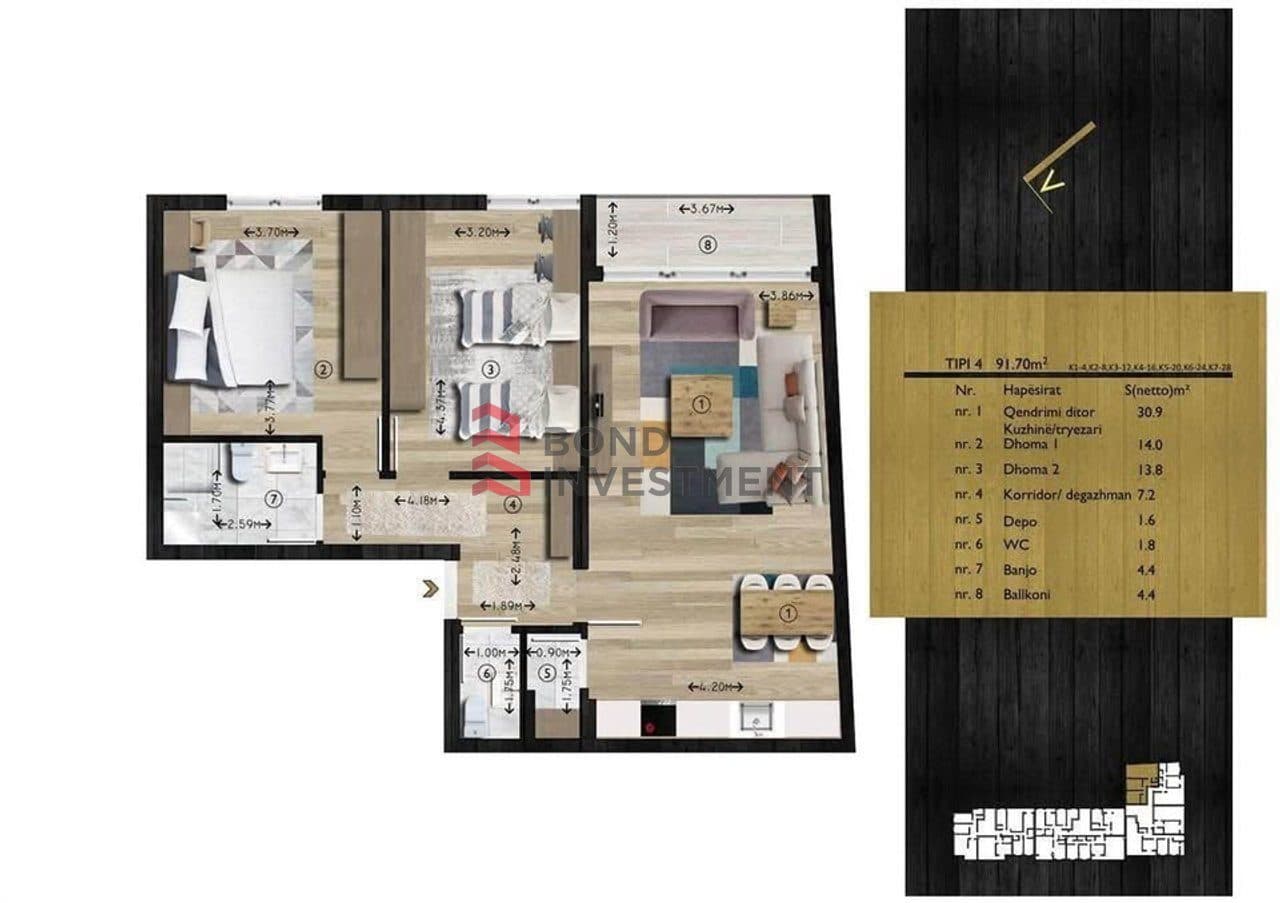 Apartament 2+1 Me Qira në Arbëria - Dragodan, Prishtinë - 450€ | 3 kati 2