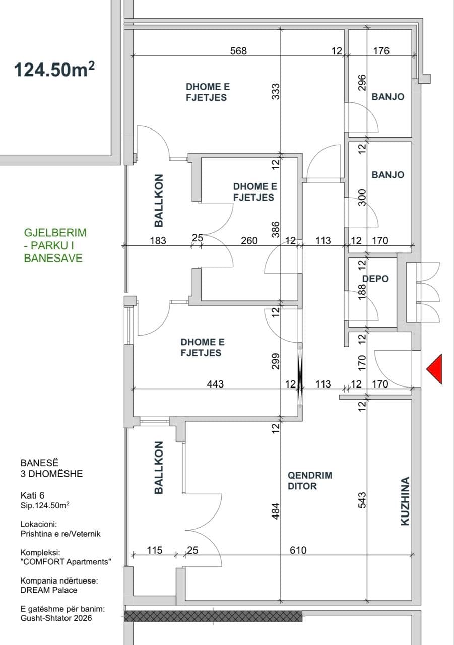 Banesë 3 Dhomëshe në shitje – 124.50 m² | Kati 6 | Prishtina e Re – Veternik | COMFORT Apartments