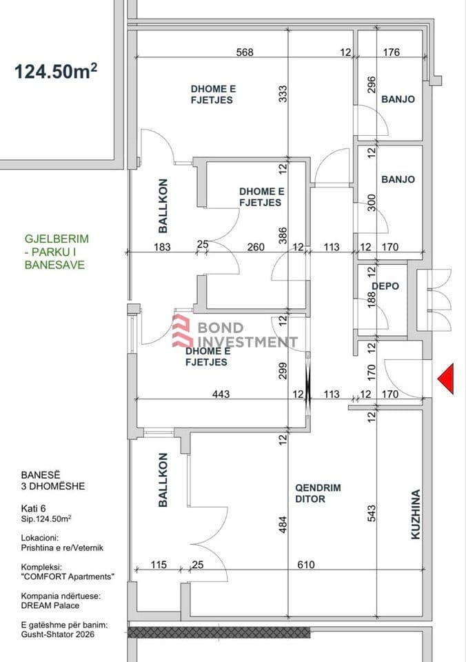 Banesë 3 Dhomëshe në shitje – 124.50 m² | Kati 6 | Prishtina e Re – Veternik | COMFORT Apartments