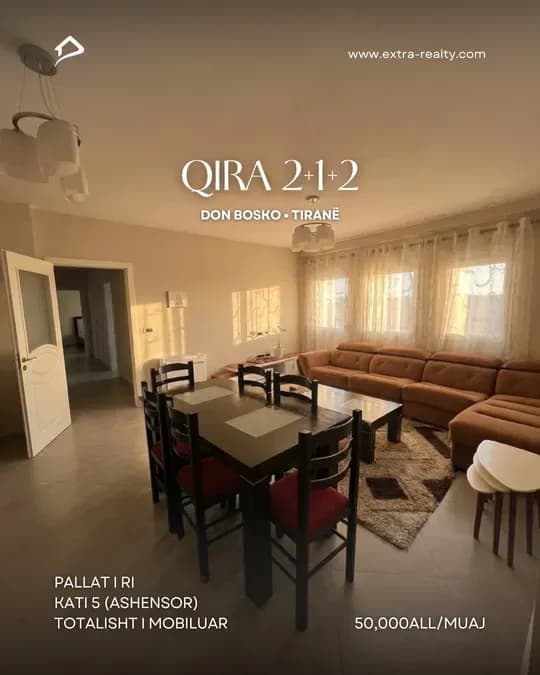 🔥Qira Apartament 2+1+2🔥 📍Don Bosko, Tiranë 📐 Sipërfaqe 100m2 🏢 Kati 5 me ashensor 🛋 1 sallon + kuzhinë 🛏 2 dhoma gjumi 🚽 2 tualete
