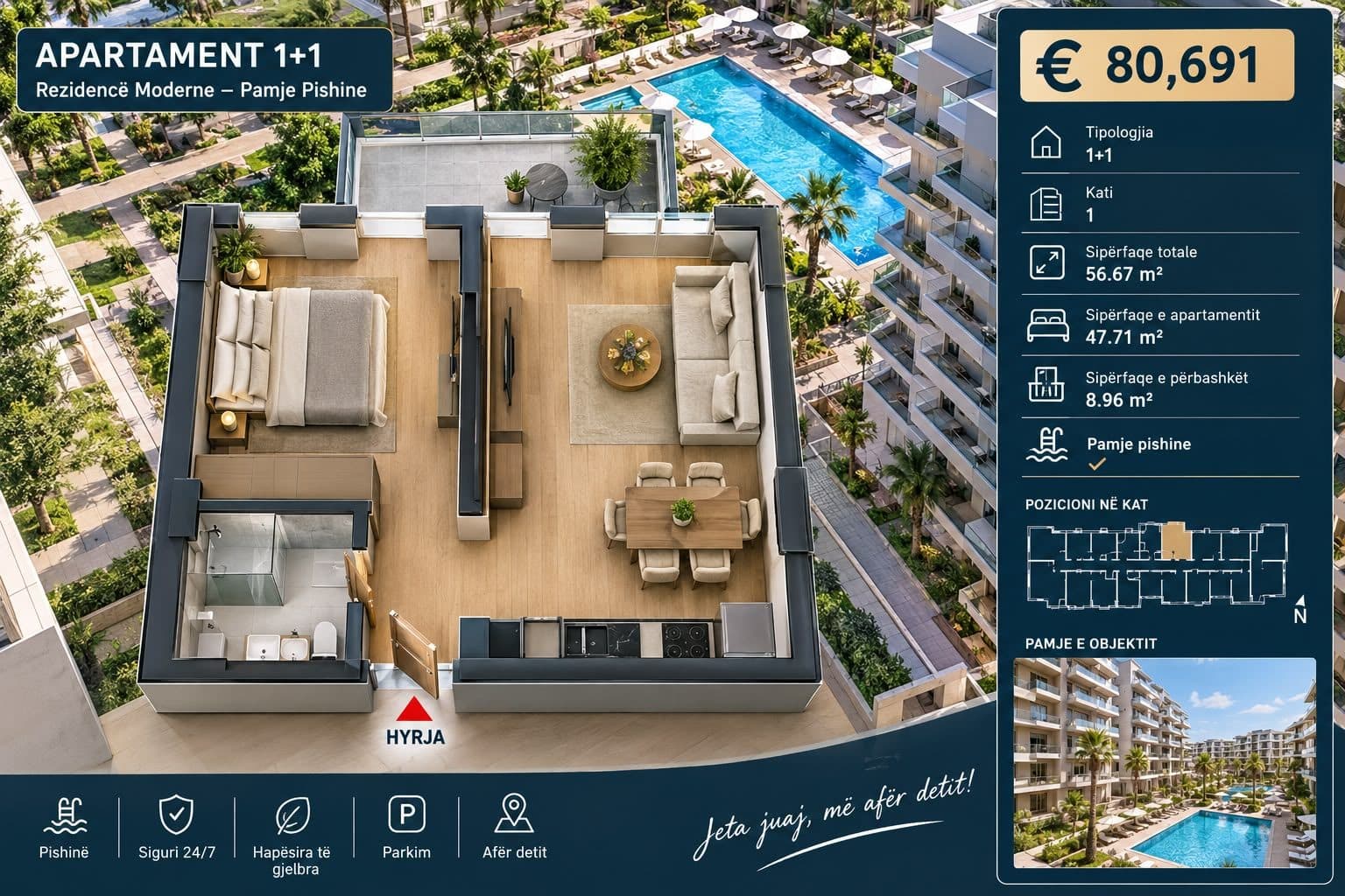 Shitet Apartament 1+1 – Mali i Robit | Pamje Pishine 🌴🏊♂️ 2