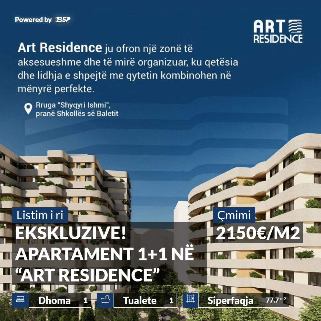 EKSKLUZIVE! SHITET APARTAMENT 1+1 – PRANË "SHKOLLËS SË BALETIT", NË KOMPLEKSIN ELITAR “ART RESIDENCE”